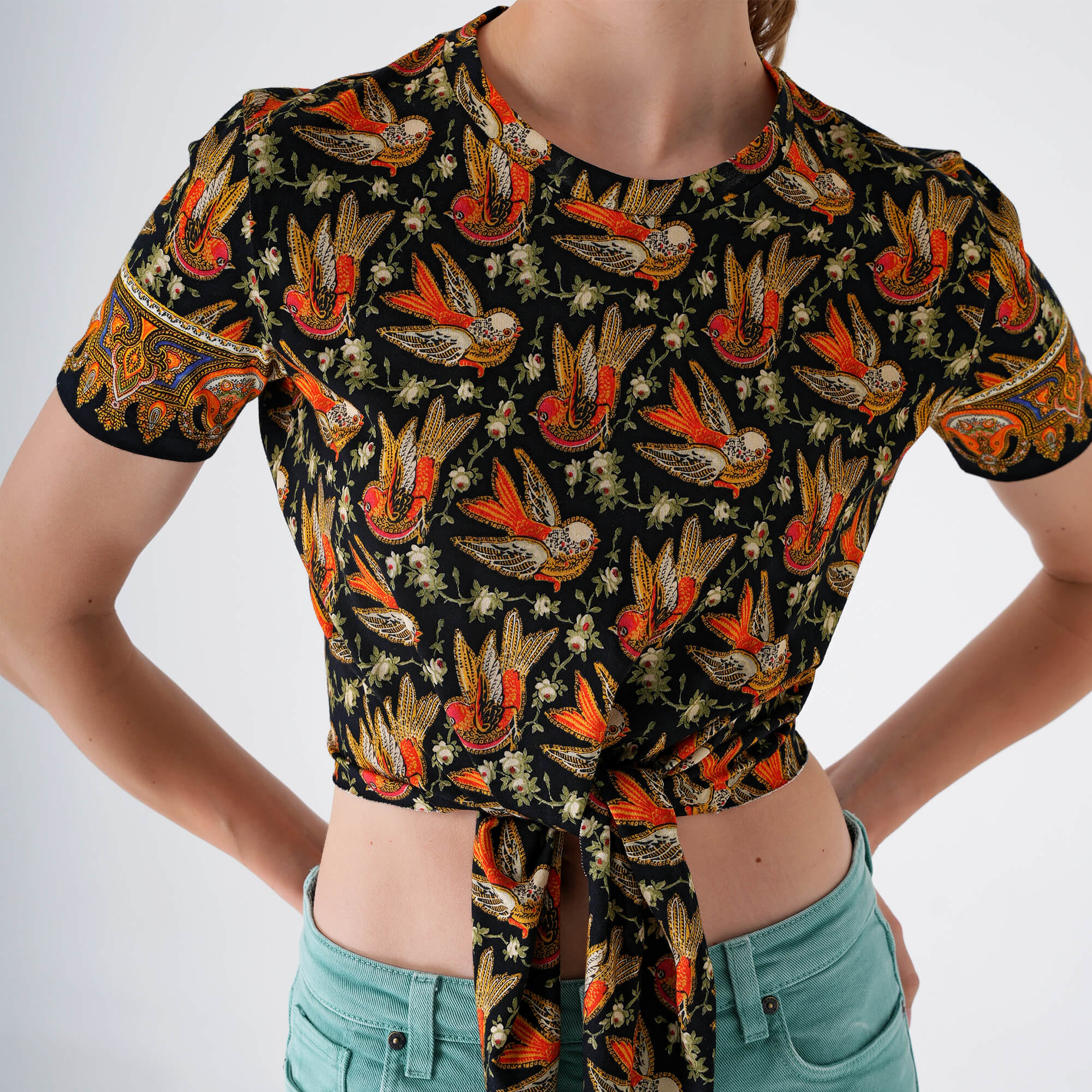 Etro - Black Floral Birds Print Crop T-shirt